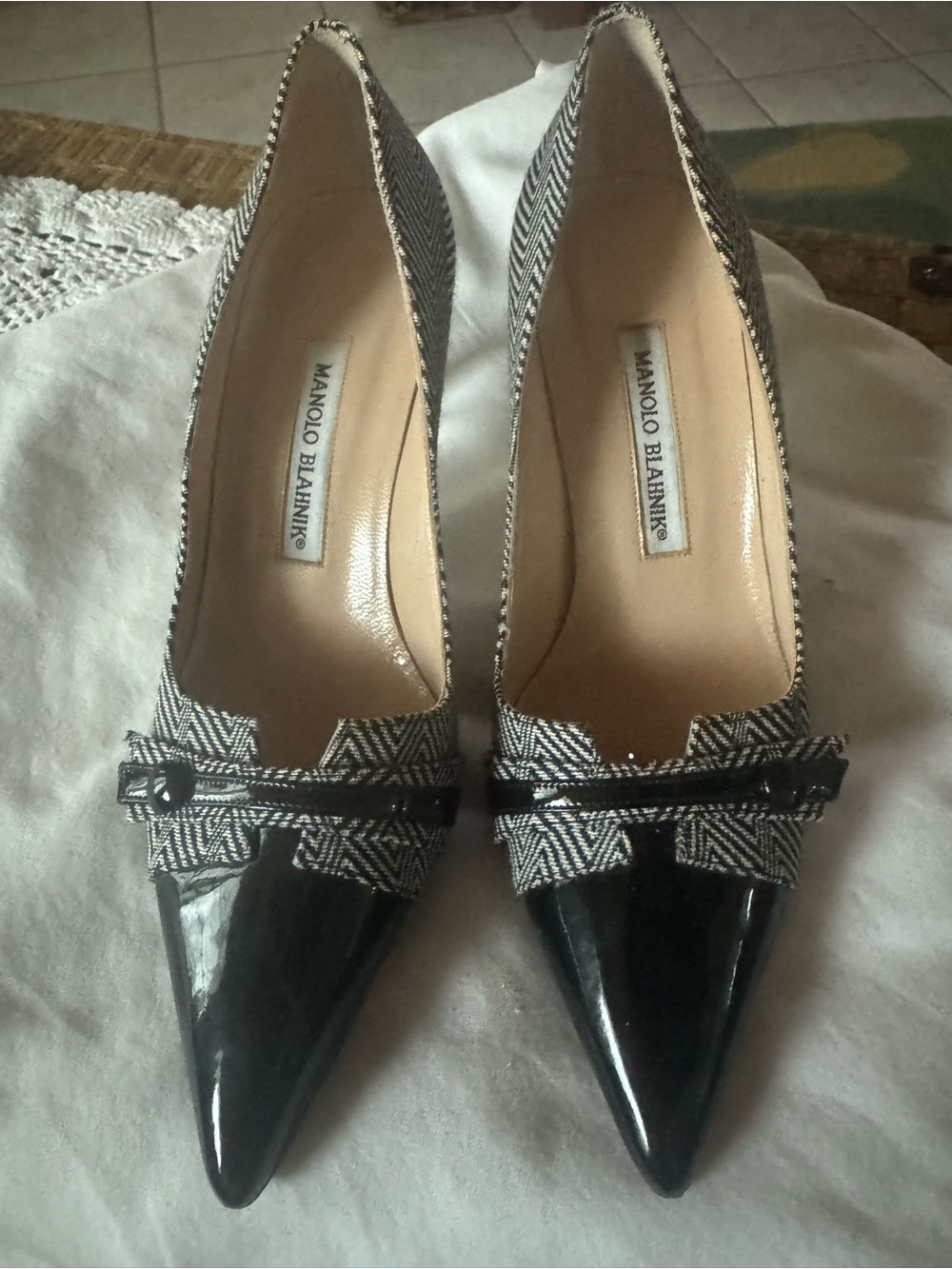 Manolo Blahnik Black & White Pointed Toe Pumps with Patent Trim